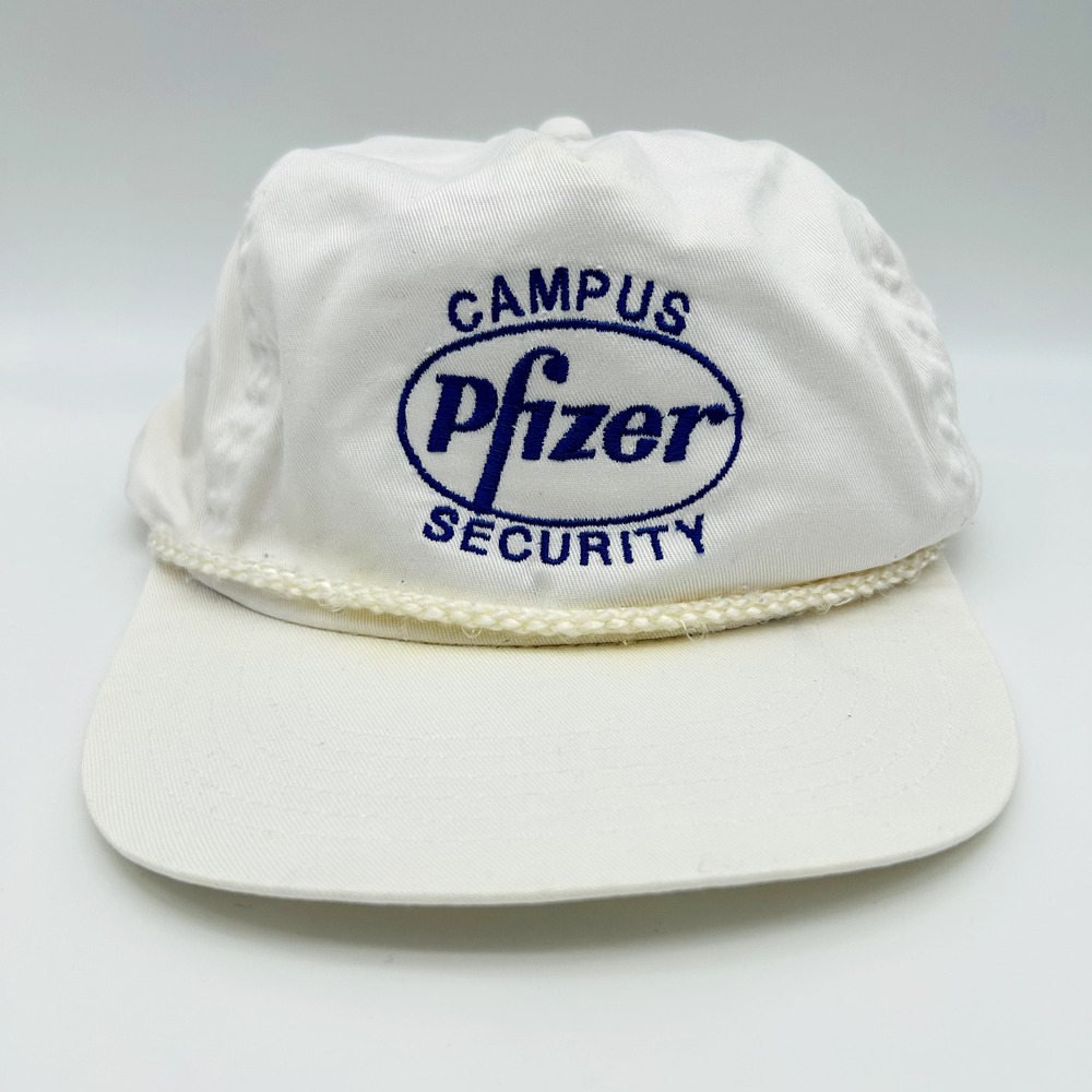 VINTAGE Pfizer Hat Cap Strap Back White Blue Campus Security Trucker 90s Mens